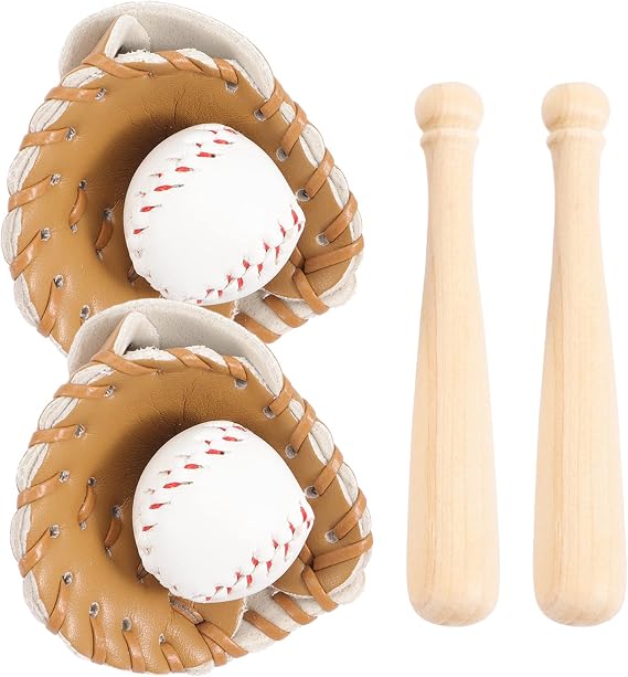 Toyvian 2 Sets Mini Baseball Bat Glove & Ball Kit: 1.77 Inch Miniature Baseball Cake Decorations - Wooden & Leather Tiny Cake Topper for Kids Sports Theme Birthday Party Favor Dollhouse Decor (Khaki)