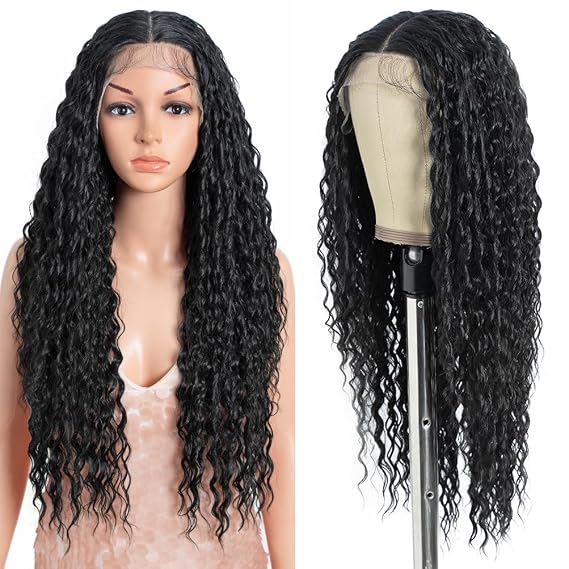 Style Icon 30 Long Curly Wavy Wig Middle Part Lace Front Synthetic Bio-Chic Curly Black Wig (Color: C1B)