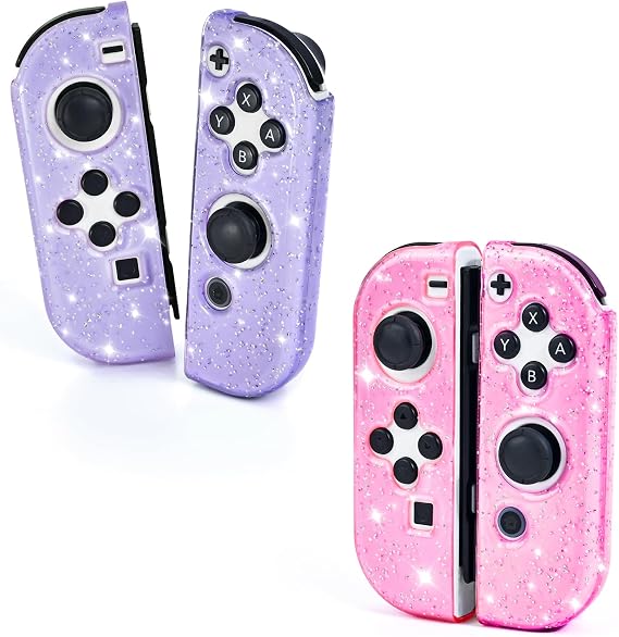 DLseego Glitter Protective Case for Switch Joy Con Controllers, 2 Pairs Handheld Soft TPU Transparently Protective Cover Replacement Shell Case for Switch & Switch OLED Model Joy Cons - Purple Pink