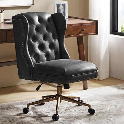 HULALA HOME Modern Faux Leather Desk Chair with Button Tufted Wingback, Adjustable Swivel Computer Chair with Nailhead Trim, Upholstered Task Chair for Home Office, Black