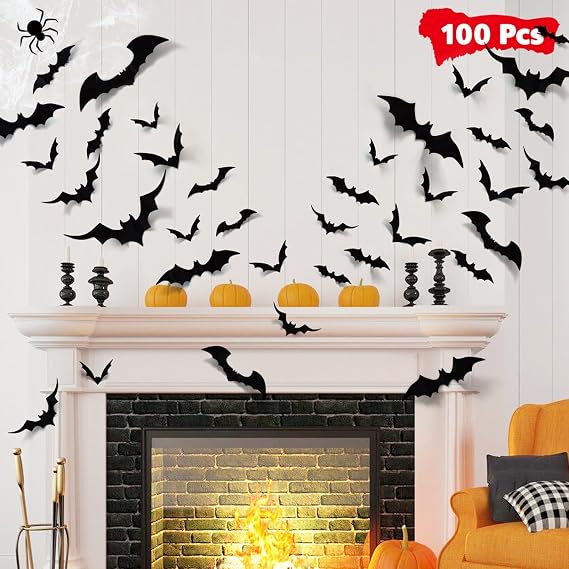 LUDILO 100Pcs Bats Halloween Decorations: Halloween Bats Wall Decor Sticker | PVC 3D Bats Wall Stickers, Scary Halloween Party Decorations Indoor Outdoor, DIY Home/Window/Door/Decor, Fall Decor