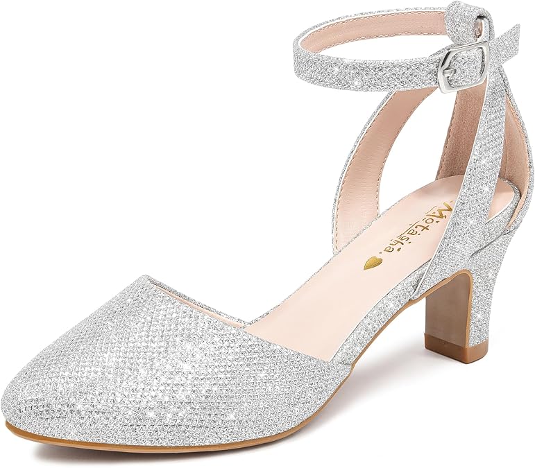 Motasha Girls Dress Shoes Girls High Heel Sparkly Flower Girl Shoes Closed Toe Ankle Strap Princess Girl Pump for Little Big Kids Formal Wedding Party Birthday