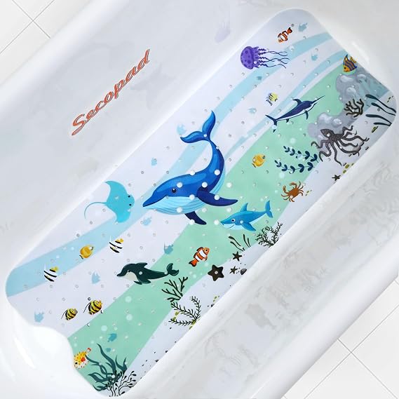 Secopad Bathtub Mat Non Slip, Cute Tub Mat, 40" x 16", Blue Dolphine