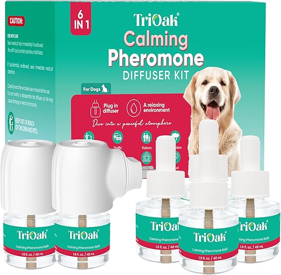 Calming Diffuser for Dog: Appeasing Dog Pheromones Calming Diffuser Plug in Kit for Separation Anxiety, Stress Chewing, Peeing Accidents, 2 Diffusers + 4 Refills (Teal)