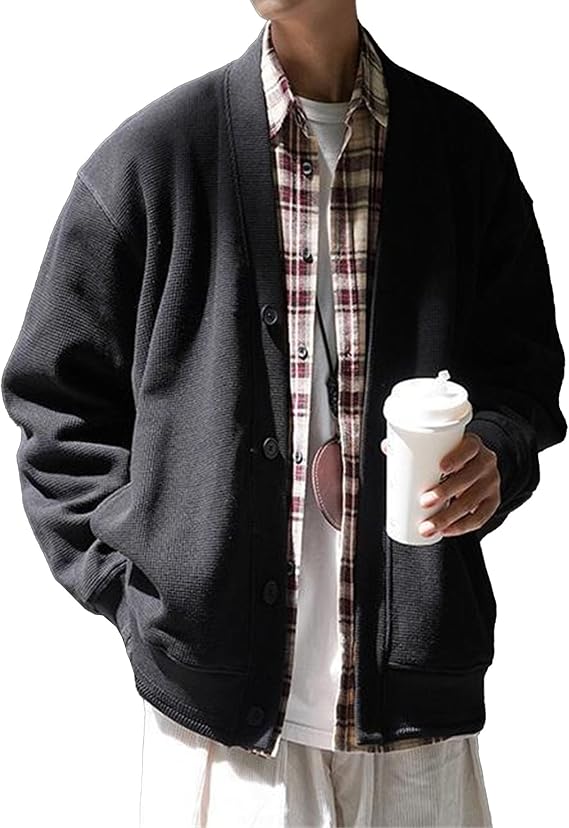 Men's Trendy Baggy Open Sweater Casual Long Sleeve Button Down Cardigan V Neck Solid Windbreaker Pockets