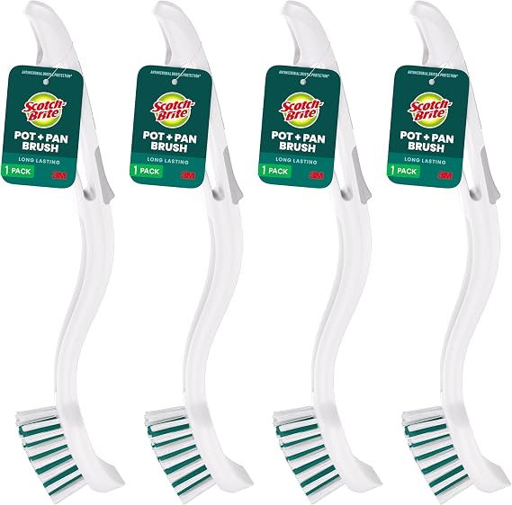 Scotch-Brite Pot & Pan Brush, 4 Pack | Durable and Long Lasting Dish Brush with Handle for Scrubbing Stainless Steel, Outdoor Furniture & Sinks without Scratching