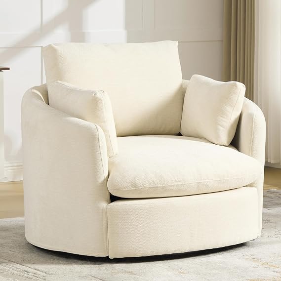 Swivel Accent Chair, 360 Degree Swivel Chair for Living Room, Mid Century Modern Upholstered Accent Barrel Chair,Comfy Sofa Armchairs for Bedroom,Nursery,Chenille, Beige White