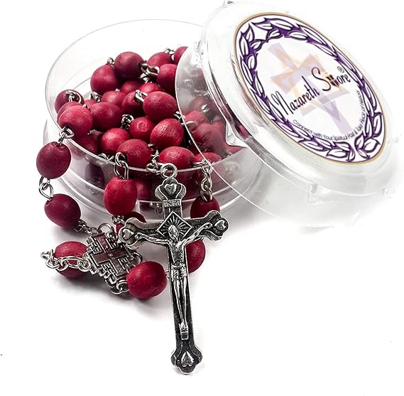 Nazareth Store Rose smell Rosary Petal Red Rare Carved Beads & Silver Plated cross (Holy Land)