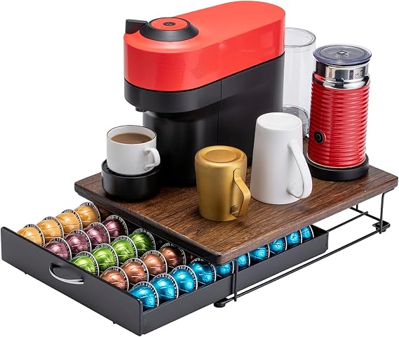 Nespresso Vertuo Coffee Pod Holder - Elegant Wood Top, 50 Pod Capacity