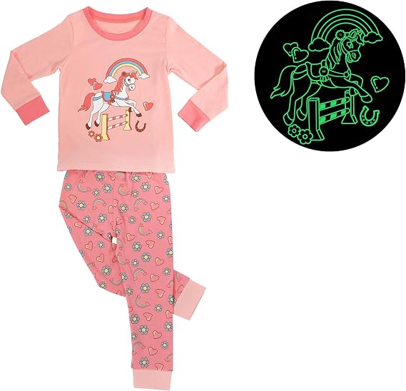 Glow in The Dark Girls Pajamas -Long Sleeve Girls Childrens Sleepwear Kids