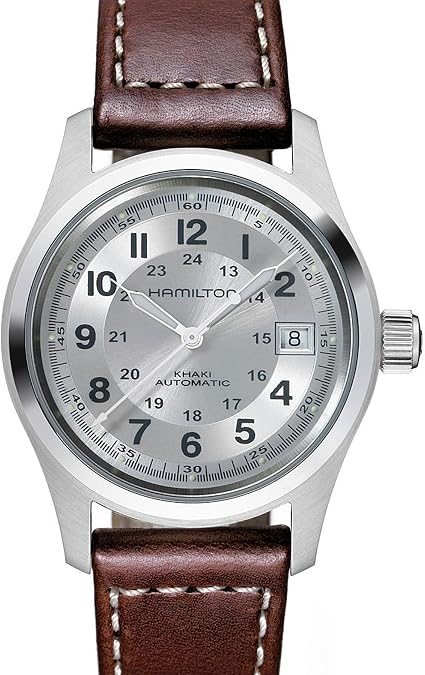 Hamilton Khaki Field Automatic Men's Watch, 38mm Stainless Steel Case | Swiss Made, Silver Dial Analog Watch, Water Resistance 100m, Sapphire Crystal, 3-Hand Movement, Cow Leather Strap