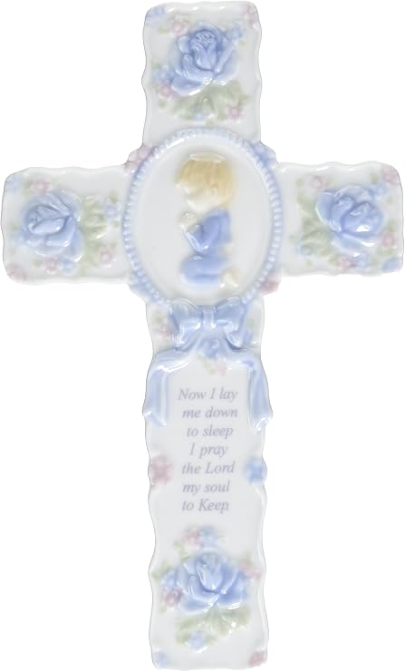Cg Cosmos Figurine Baby Boy Cross,White and Blue 5.25" x 8.75"