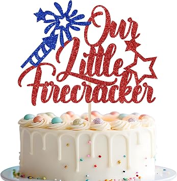 Our Little Firecracker Cake Topper, Patriotic Baby Shower Cake Decorations, 4th of July 1st Birthday Decor, Little Firecracker Birthday Party Decorations Glitter