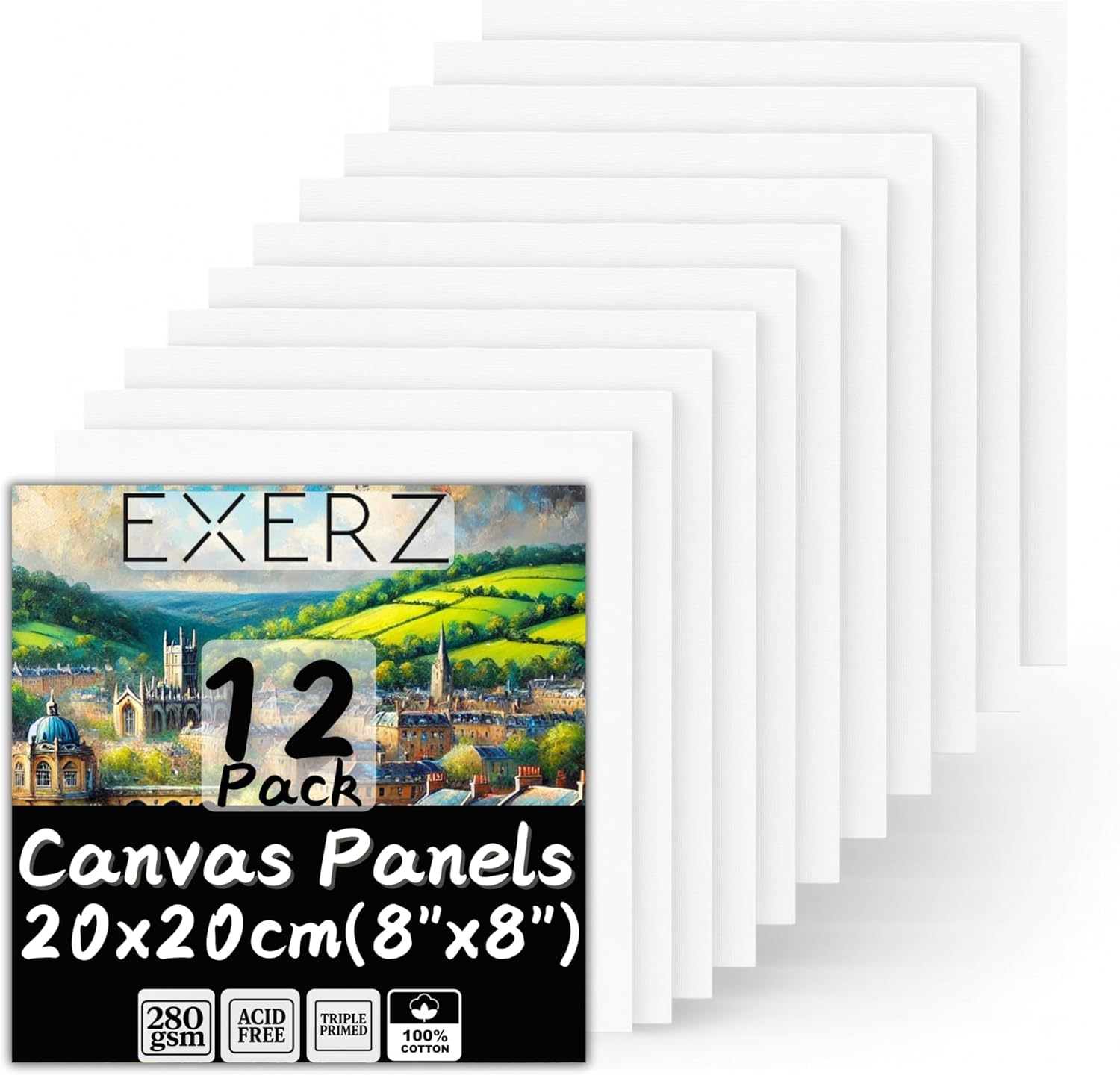 Exerz Canvas Panels 20x20cm 12pcs, Artist Canvas Boards Blank | 100% Cotton, 280gsm, 0.3cm Thickness | Triple Primed, Acid-Free, Medium Grain - Oil &amp; Acrylic