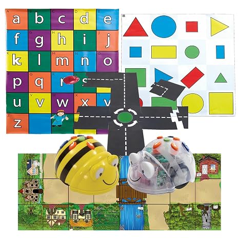 Programming Basic Tool: 1 Blue Bot & 1 Bee-Bot Floor Robotics, Alphabet-Themed Mat, Fairy Tale Mat, Shapes Colors & Size Mat & Modular Road Set - See & Say Version