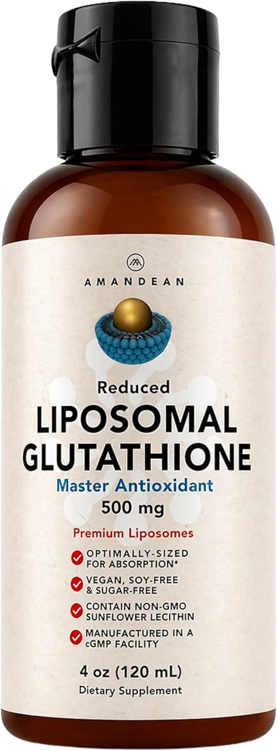 AMANDEAN Liposomal Glutathione Supplement. Liquid Reduced Setria 500mg. Immune, Cellular & Skin Health, Liver Detox. Non-GMO Sunflower Lecithin Phosphatidylcholine. Soy-Free (Packaging May Vary)