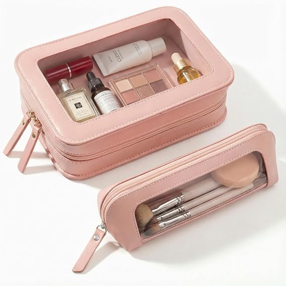 LETGO 2Pack Clear Makeup Bags Set, Clear Pencil Case Pouch,Portable Leather Travel Toiletry Bag Pink Car Accessories for Women