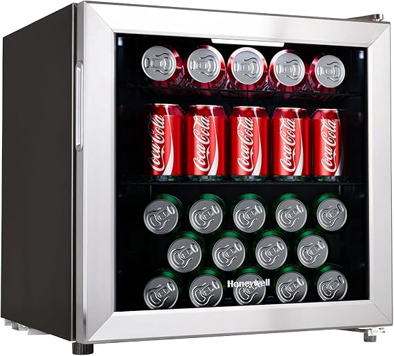 Honeywell Beverage Refrigerator and Cooler, 48 Can Mini Fridge with Glass Door for Soda Beer or Wine for Office or Bar with Adjustable Removable Shelving