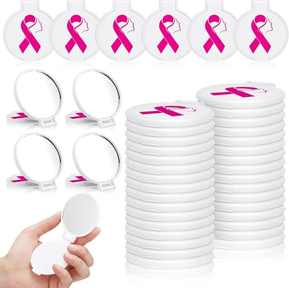 Huwena 100 Pcs Breast Cancer Awareness Compact Mirror Bulk Gifts Giveaways