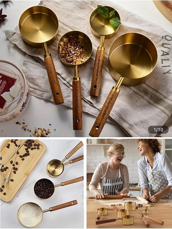 DUFFA Premium Ahşap Saplı Gold Ölçü Kabı Seti - 4'lü Paslanmaz Çelik Gold Ölçü Kaşığı ve Kabı, Şef Tipi Hassas Sıvı ve Kuru Malzeme Ölçeği, Mutfak ve Pişirme Seti