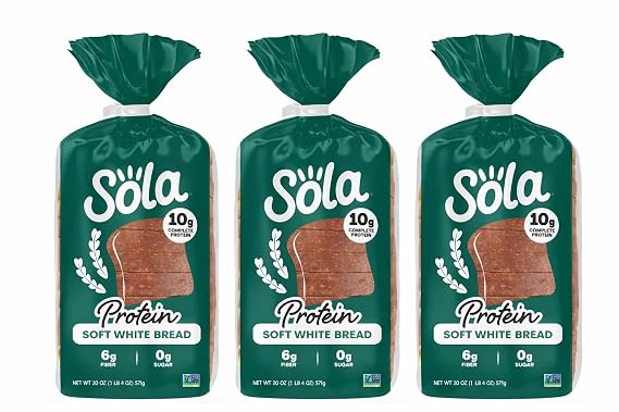 Sola Protein Bread Soft White, 20 oz (3 Pack) Low Carb, High Protein (10g), Zero Sugar, Keto Friendly, Non-GMO Sandwich Bread