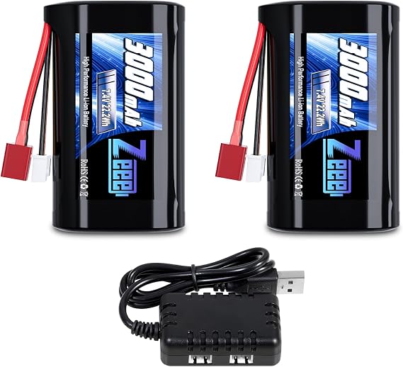 Zeee 2S Li-ion Battery 3000mAh 7.4V T Connector with 7.4V Battery Charger | 2S Rechargeable Battery Compatible with 4WD High Speed RC Car 1/16 Scale RC Car Boat Trucks (2 Pack)