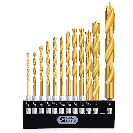 Titanium Brad Point Drill Bit Set 12Pcs (1/8" - 1/2") HSS Hex Shank Drill Bit Set with Double Flutes Design for Hardwood, Plywood, Plastic Round Holes in All Types of Wood