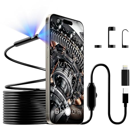 [Dual-Lens] Borescope Camera with Light, 1920P HD Endoscope with 8+1 Adjustable LED Lights, IP67 Waterproof 16.5ft Semi-Rigid Snake Cable Inspection Camera for iPhone, iPad and Android Phone (Type C)
