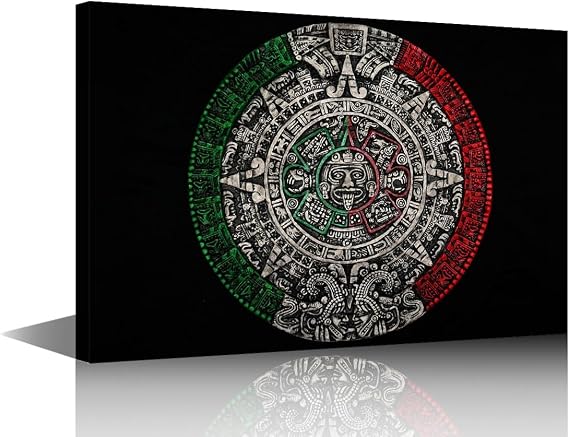 TUMOVO Aztec Sun Stone Canvas Wall Art for Living Room Black and Red Modern Abstract Painting Mayan Picture for Bedroom 1 Panel Mexico Office Home Wall Decorations Frame Wall Decor, 18x12in