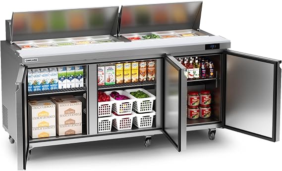 Coolake 72.7'' W 3 Door Commercial Refrigerator Sandwich Salad Prep Table, 22 Cu.ft Stainless Steel Counter Fan Cooling Refrigerator with 18 GN 1/6 Pans for Restaurant Bar Food Truck, NSF, ETL, DOE