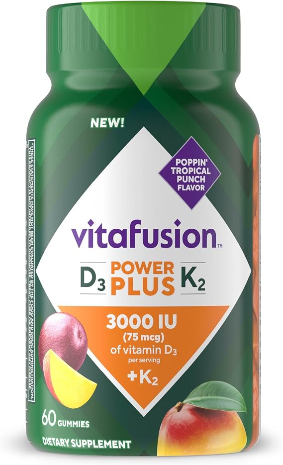 Vitafusion Power Plus Vitamin D3 K2 Gummies | 3000 IU of Vitamin D | 60 Count for Adult Women & Men | Tropical Punch Flavor | Gluten-Free Supplement