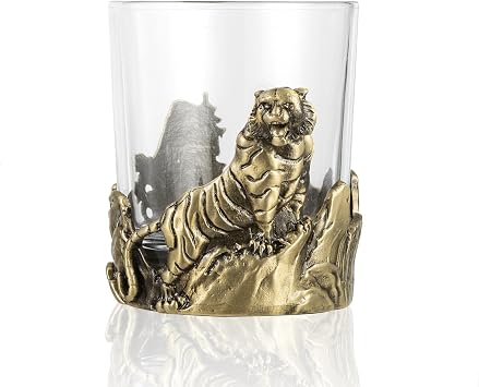 Tiger Shaped Metal Cup Holder with Glasses, Desk Drink Holder and Desk Decor and Craft Ornament for Home Office (Burnished Gold)
