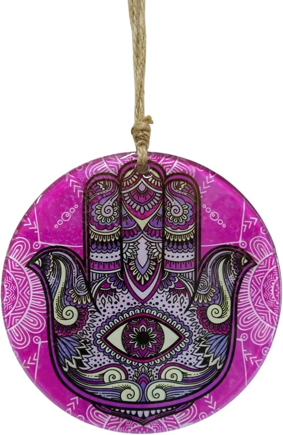Fuşya Cam Hamsa El Duvar Dekoru - 16 cm Dekoratif Mandala Desenli Cam Süs
