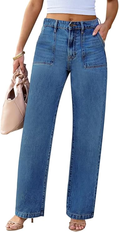 Womens Wide Leg Jeans - Deep Front Pockets High Waisted Jeans, Stretchy Baggy Straight Leg Jean for Women