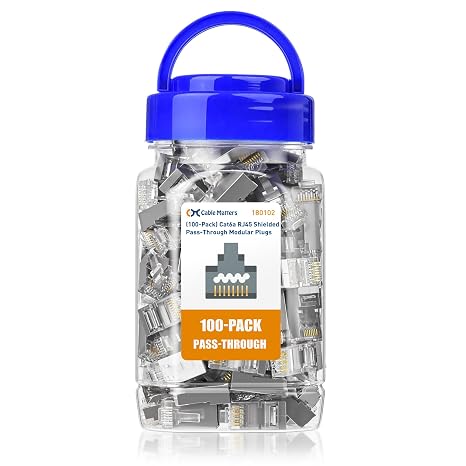 Cable Matters 100-Pack Cat 6A Shielded Pass Through RJ45 Connectors | 10Gbps, 50 Gold Plated, Max Wire OD 1.19mm, Cat6A Ends for Solid or Stranded S/FTP Cable