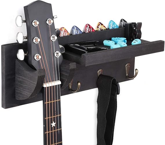 Bikoney Guitar Wall Mount Hanger with Shelf, Guitar Holder Wall with Pick Holder and 3 Hooks, Wood Guitar Stand Wall for Acoustic, Electric, Bass, Ukulele, Black [U.S. Patent]