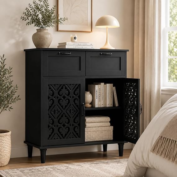 31.5" Buffet Cabinet with Drawer, Boho Accent Sideboard Adjustable Shelf