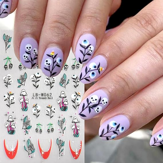 Halloween Nail Art Stickers Decal Skull Ghost Spider Nail Sticker for Nail Art Day of The Dead Nail Art Supplies Ornage Yellow Leaf Flower Nail Art Design Nail Decor for Women Girls, Style B