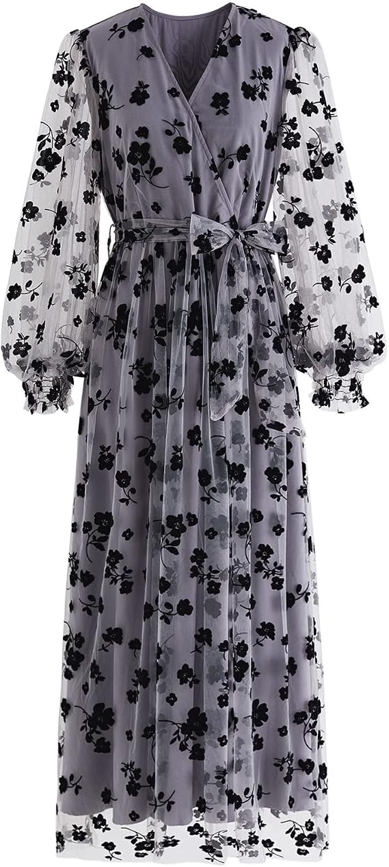 CHICWISH Women's 3D Posy Mesh Wrap Puff Sleeves Maxi Dress