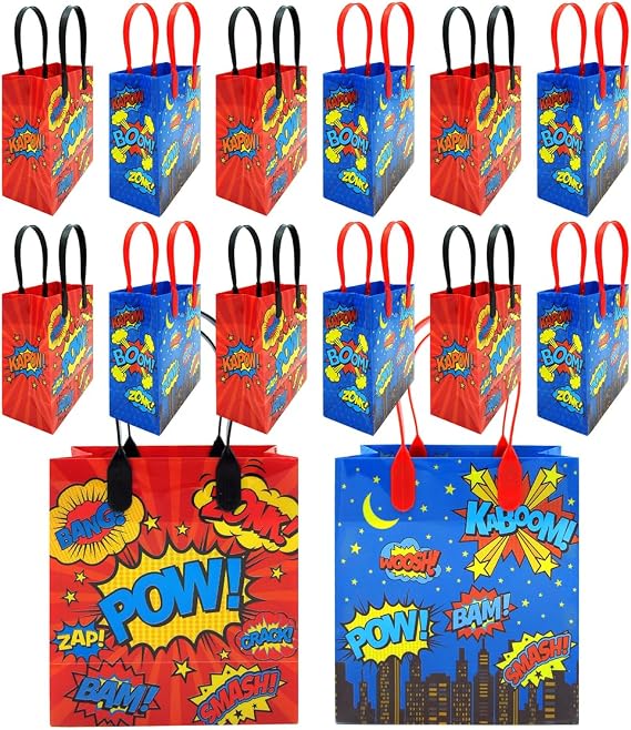 TINYMILLS Superhero Text Party Favor Treat Bags with Handles, Superhero Candy Bags for Birthday Party, Party Supply Decorations Pack of 12