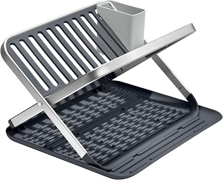 Aluminum Folding Dish Rack, Rustproof 2-Tier Dish Drying Rack with Removable Utensil Cup, Foldable Space-Saving Design for Kitchen Countertop