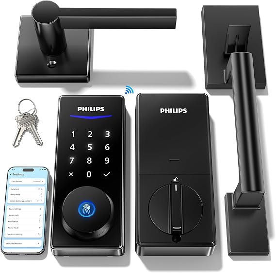 Philips Wi-Fi Front Lock Set, Smart Keypad Deadbolt Lock with 2 Handles | Code / Fingerprint / APP Unlock, Remote Access, Alexa Google Voice Unlock, Auto Lock, Built in WiF, Backlit Touchscreen