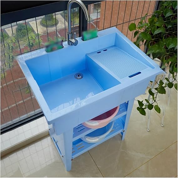 Freestanding Plastic Laundry Sink with Washboard,Utility Sink Laundry Tub for Washing Room,Portable Sink Hand Wash Station,Outdoor Sink with Hose Hook Up,Outdoor Sinks for Backyard,Garden(Blue)