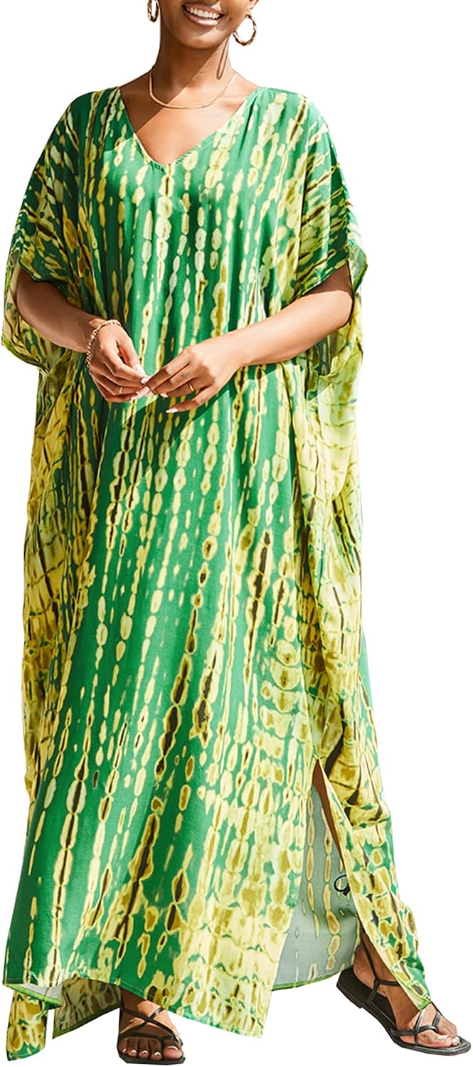 Chunoy Women Loose Lightweight Kaftan Boho Caftan Sleeve Tie Dye Striped Long Beach Cover Up Dress