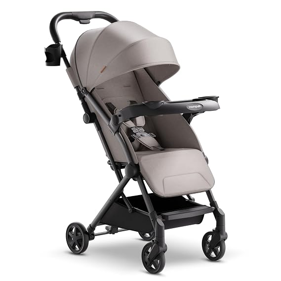 Mompush Lithe V2 Lightweight Travel Stroller Snack Tray Included, Khaki | Compact baby stroller, airplane-ready, one-hand fold, mechanical recline seat, UPF 50+ canopy, travel bag & rain cover