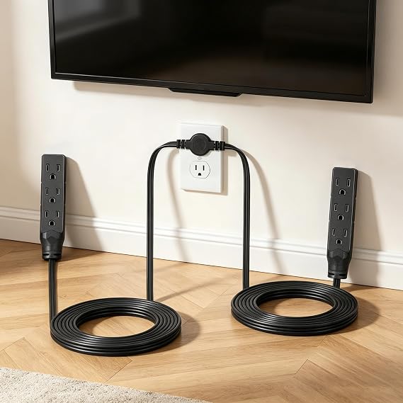Twin Extension Cord Flat Wall Plug 24ft with 6 3-Ground Outlets