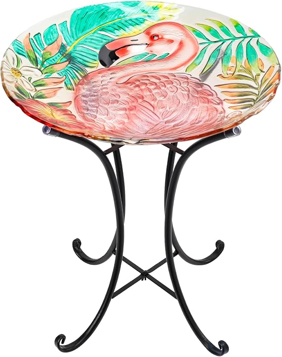VCUTEKA 18" Glass Birdbath with Flamingo Design - Outdoor Bird Bath with Sturdy Metal Stand for Garden Yard Patio Lawn Decor, Detachable Easy Clean, 22" Height Bird Lovers Gift