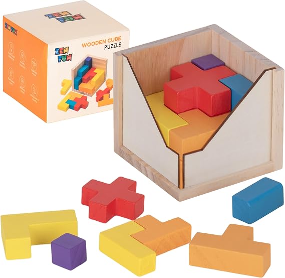 Zen Fun Wooden Brain Teaser Puzzle Cube - Montessori Toy Colorful Cube Puzzle for Kids Ages 5-7 and Easy Mind Puzzle for Adults - 20 Pieces