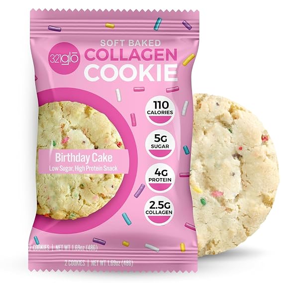 321glo Collagen Cookies | Soft Baked, High Protein Cookies | Low Carb, Low Sugar | Keto Snack for Women, Men, Kids | 12 Pack (Birthday Cake)