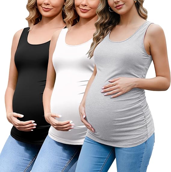 BHOME Maternity Tank Tops for Women Ruched Sleeveless Basic Tops Layering Maternity Shirt Vest Pregnancy Tee